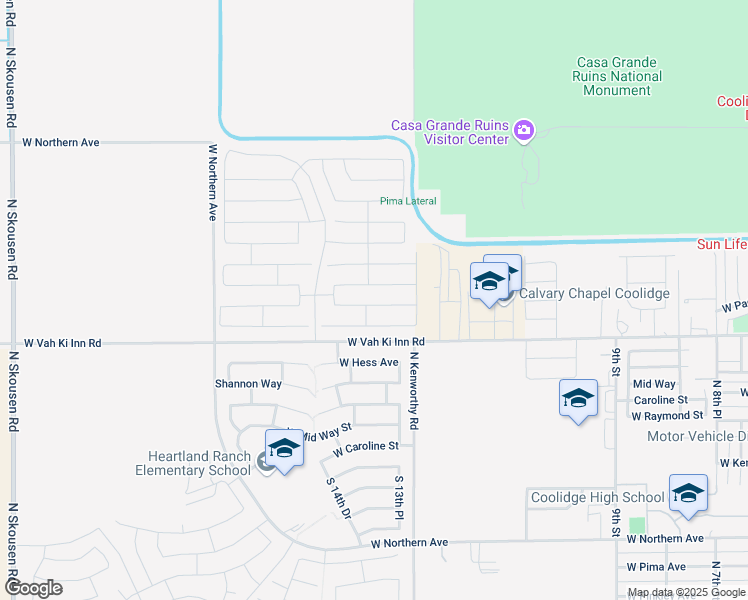 map of restaurants, bars, coffee shops, grocery stores, and more near 1406 Toltec Drive in Coolidge