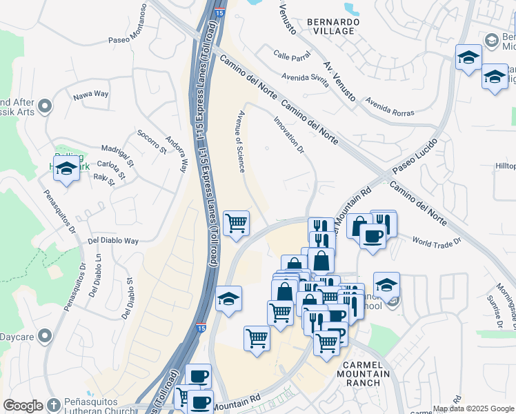map of restaurants, bars, coffee shops, grocery stores, and more near 15051 Avenue of Science in San Diego