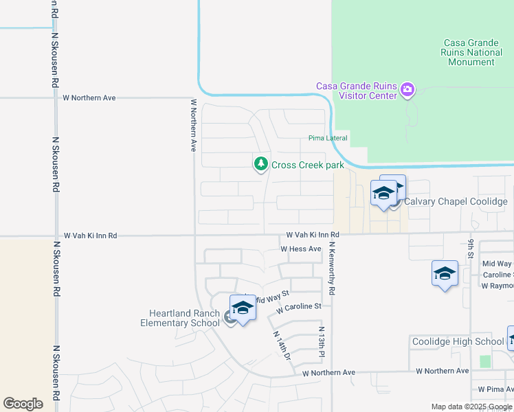 map of restaurants, bars, coffee shops, grocery stores, and more near 1165 North Manana Lane in Coolidge