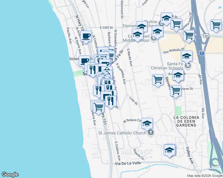 map of restaurants, bars, coffee shops, grocery stores, and more near 248 South Rios Avenue in Solana Beach