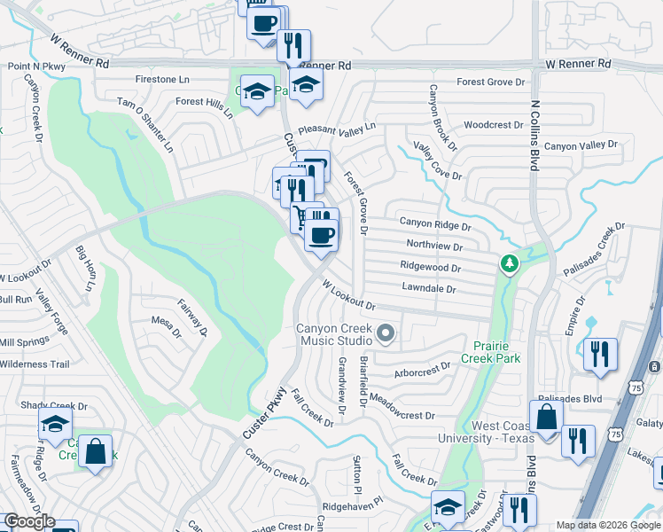 map of restaurants, bars, coffee shops, grocery stores, and more near 2632 Custer Parkway in Richardson