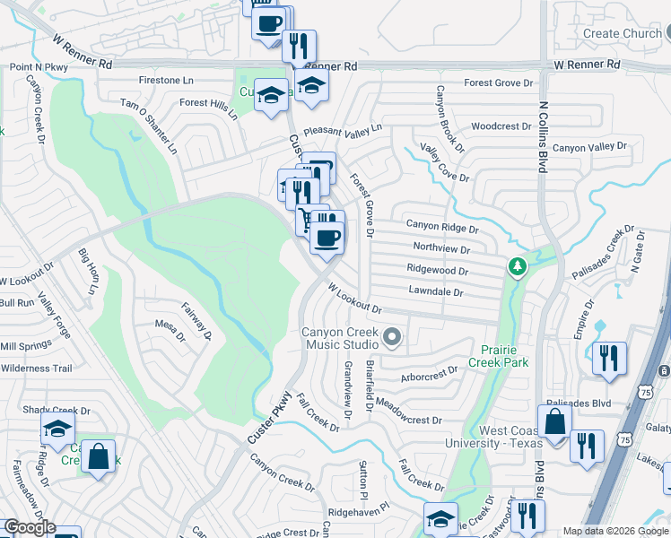 map of restaurants, bars, coffee shops, grocery stores, and more near 2628 Custer Parkway in Richardson