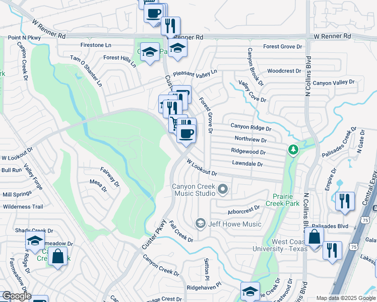 map of restaurants, bars, coffee shops, grocery stores, and more near 500 West Lookout Drive in Richardson