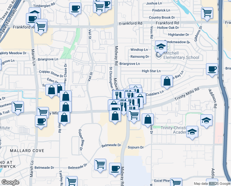 map of restaurants, bars, coffee shops, grocery stores, and more near 4048 Saint Christopher Lane in Dallas