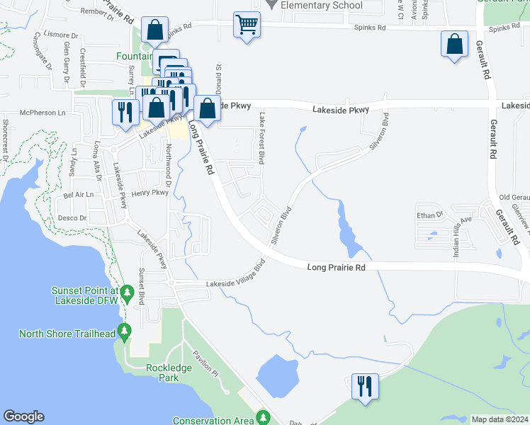 map of restaurants, bars, coffee shops, grocery stores, and more near 601-699 Silveron Boulevard in Flower Mound