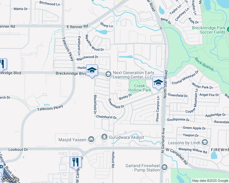 map of restaurants, bars, coffee shops, grocery stores, and more near 3084 Greenfield Drive in Richardson