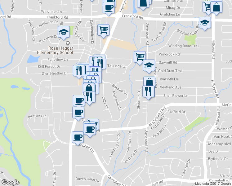 map of restaurants, bars, coffee shops, grocery stores, and more near 17434 Marianne Circle in Dallas