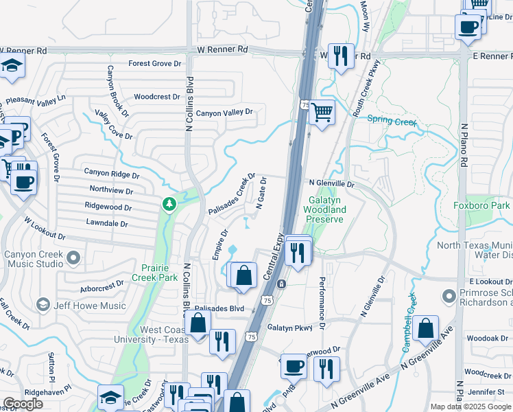 map of restaurants, bars, coffee shops, grocery stores, and more near 751 Central Expressway in Richardson