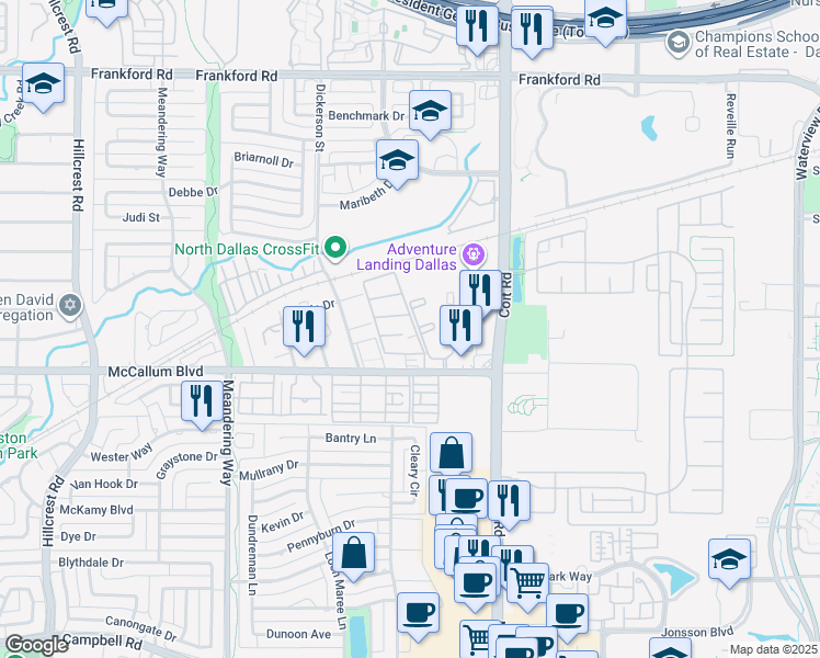 map of restaurants, bars, coffee shops, grocery stores, and more near 7815 McCallum Boulevard in Dallas