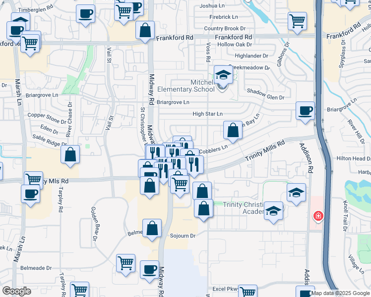 map of restaurants, bars, coffee shops, grocery stores, and more near 4127 Cobblers Lane in Dallas