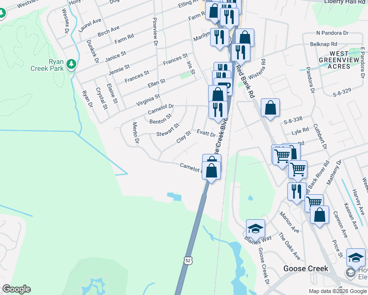 map of restaurants, bars, coffee shops, grocery stores, and more near 115 Round Table Lane in Goose Creek