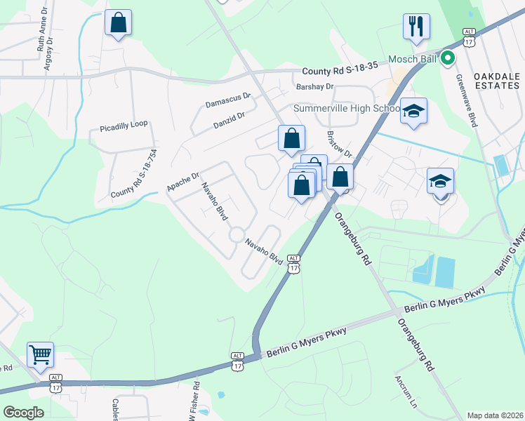 map of restaurants, bars, coffee shops, grocery stores, and more near 114 Apache Drive in Summerville