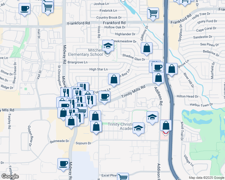 map of restaurants, bars, coffee shops, grocery stores, and more near 4216 Cobblers Lane in Dallas