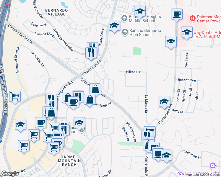 map of restaurants, bars, coffee shops, grocery stores, and more near 14955 Avenida Venusto in San Diego