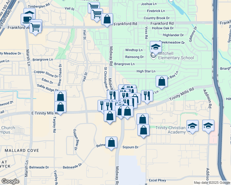 map of restaurants, bars, coffee shops, grocery stores, and more near 4100 Midway Road in Dallas