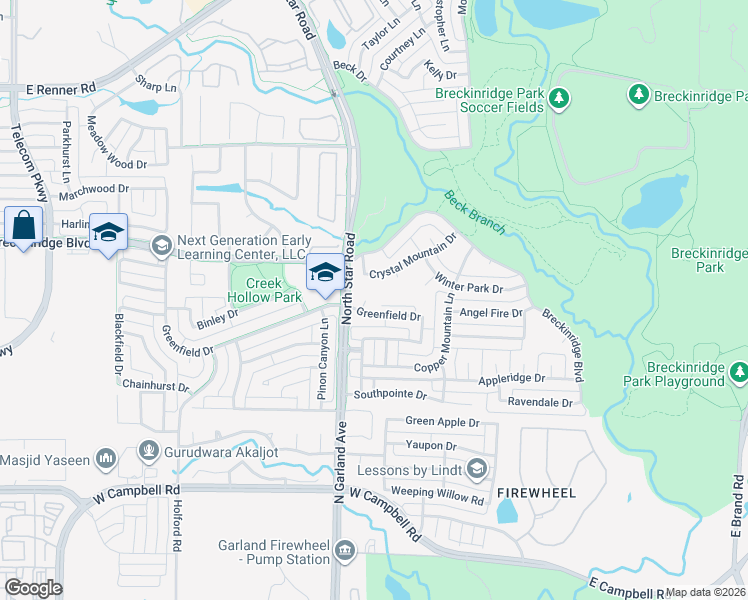 map of restaurants, bars, coffee shops, grocery stores, and more near 2908 Greenfield Court in Richardson