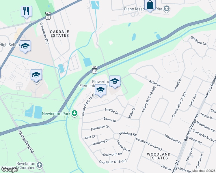 map of restaurants, bars, coffee shops, grocery stores, and more near 2 Duchess Court in Summerville