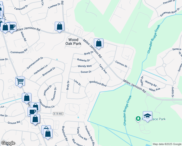 map of restaurants, bars, coffee shops, grocery stores, and more near 125 Susan Drive in Summerville
