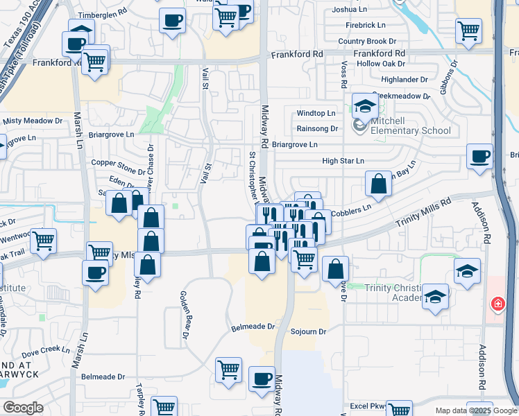 map of restaurants, bars, coffee shops, grocery stores, and more near 4048 Saint Christopher Lane in Dallas