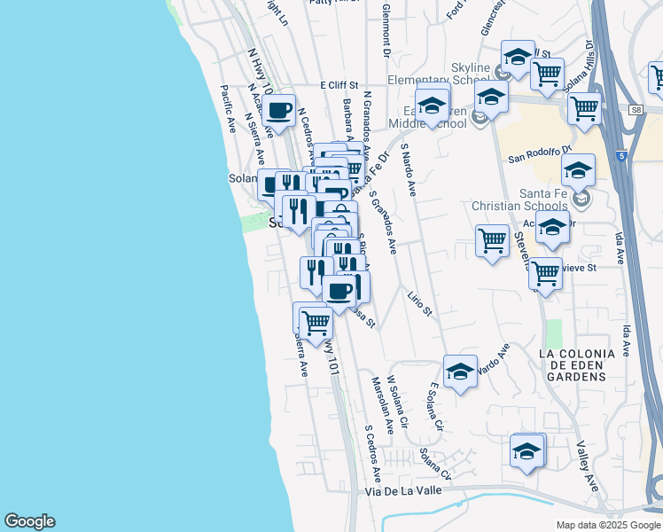 map of restaurants, bars, coffee shops, grocery stores, and more near 301 South Cedros Avenue in Solana Beach