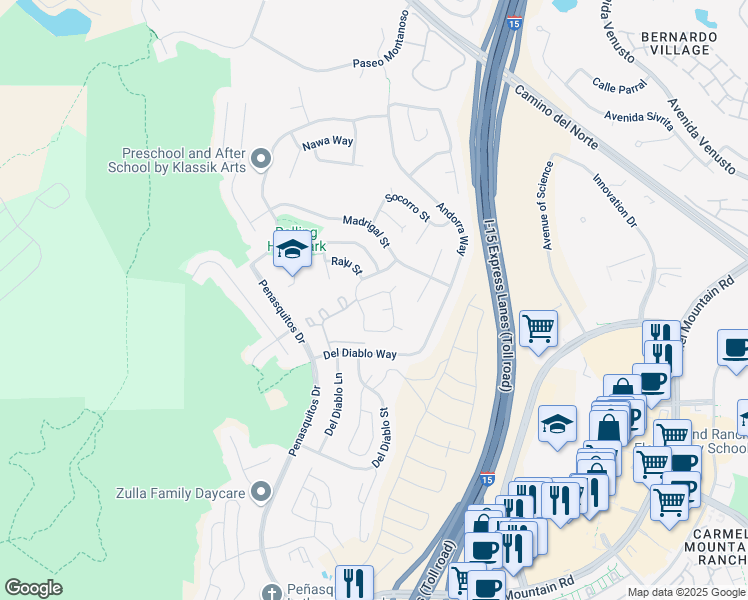 map of restaurants, bars, coffee shops, grocery stores, and more near 15164 Susita St in San Diego