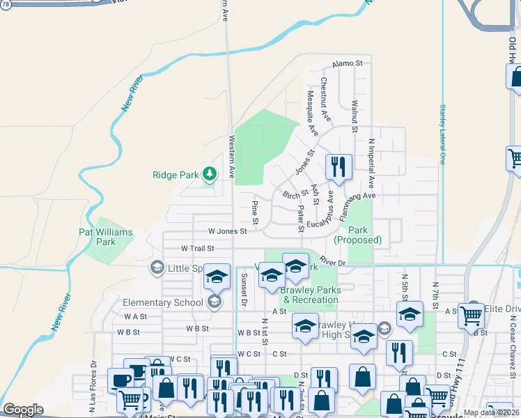 map of restaurants, bars, coffee shops, grocery stores, and more near 962 Pine Street in Brawley