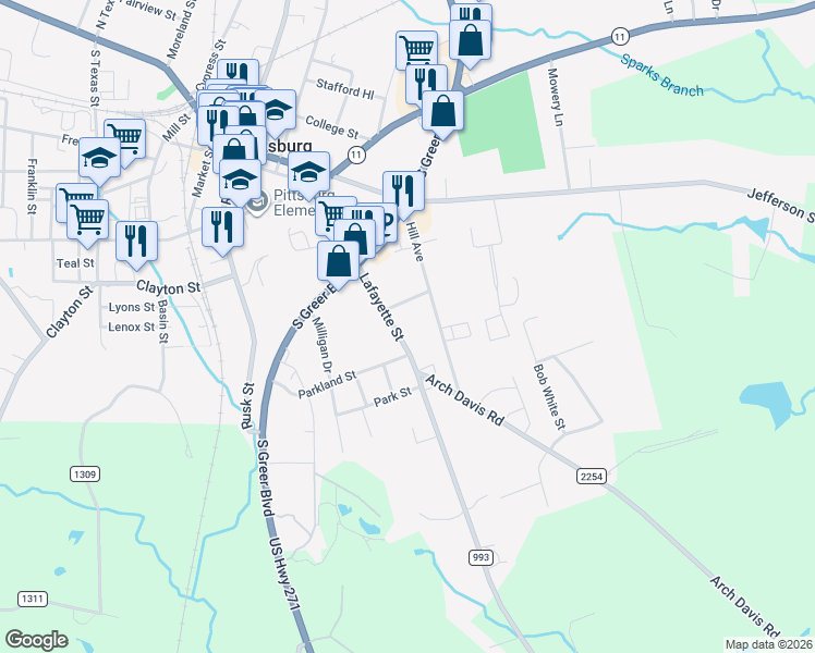 map of restaurants, bars, coffee shops, grocery stores, and more near 416 Lafayette Street in Pittsburg