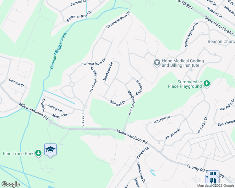 map of restaurants, bars, coffee shops, grocery stores, and more near 3362 Kinross Court in Summerville