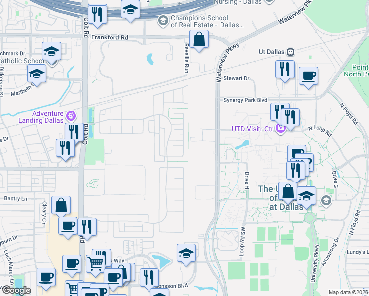map of restaurants, bars, coffee shops, grocery stores, and more near 17550 Bottlebrush Drive in Dallas