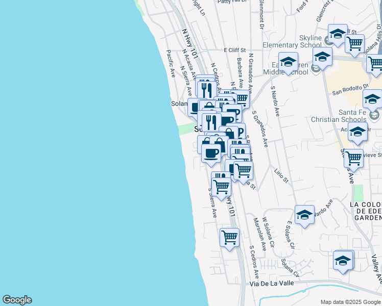 map of restaurants, bars, coffee shops, grocery stores, and more near 205 South Helix Avenue in Solana Beach