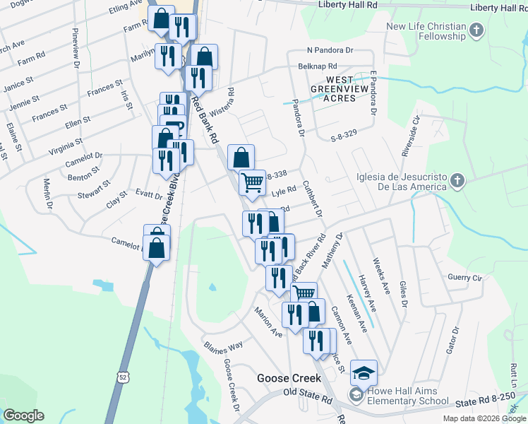 map of restaurants, bars, coffee shops, grocery stores, and more near 301 Hastie Drive in Goose Creek