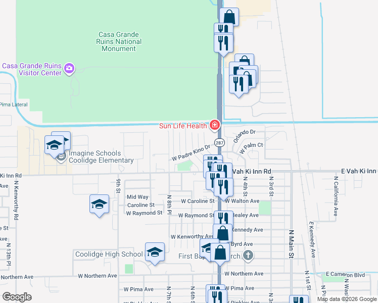 map of restaurants, bars, coffee shops, grocery stores, and more near 710 W Padre Kino Dr in Coolidge