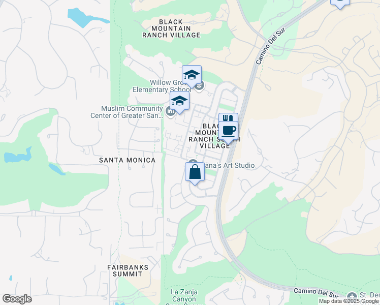 map of restaurants, bars, coffee shops, grocery stores, and more near 7582 Camino De La Rosa in San Diego