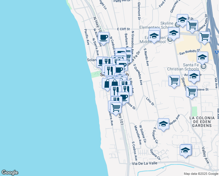 map of restaurants, bars, coffee shops, grocery stores, and more near 235 Highway 101 in Solana Beach