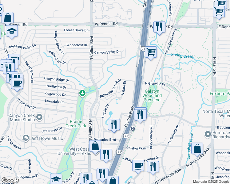 map of restaurants, bars, coffee shops, grocery stores, and more near 222 Palisades Creek Drive in Richardson