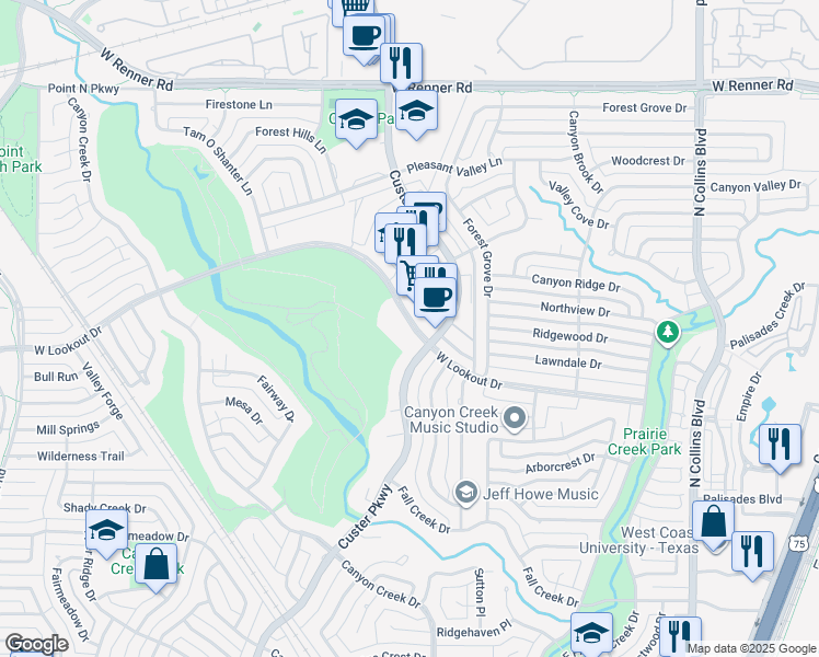 map of restaurants, bars, coffee shops, grocery stores, and more near 500 West Lookout Drive in Richardson