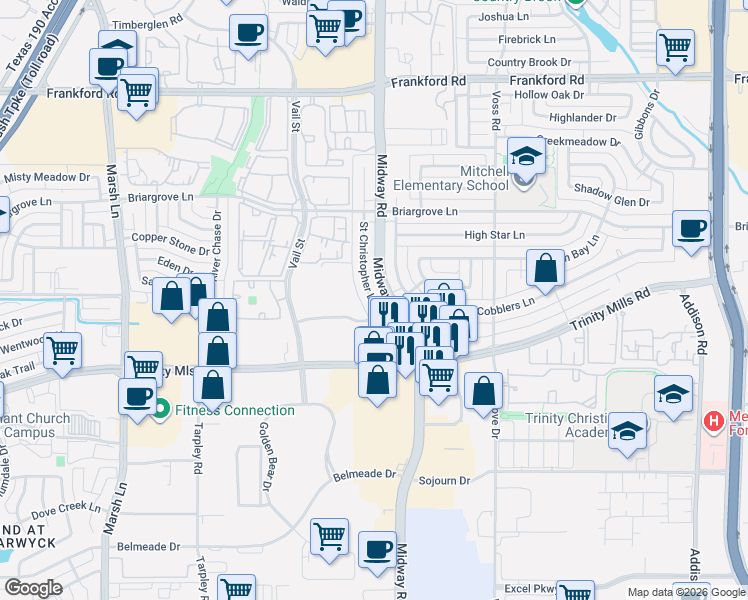 map of restaurants, bars, coffee shops, grocery stores, and more near 4048 Saint Christopher Lane in Dallas