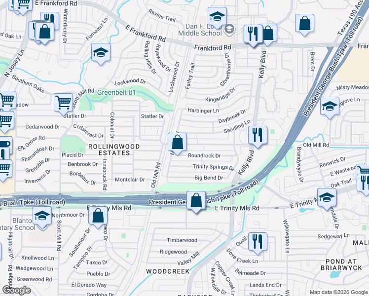 map of restaurants, bars, coffee shops, grocery stores, and more near 2210 Old Mill Road in Carrollton