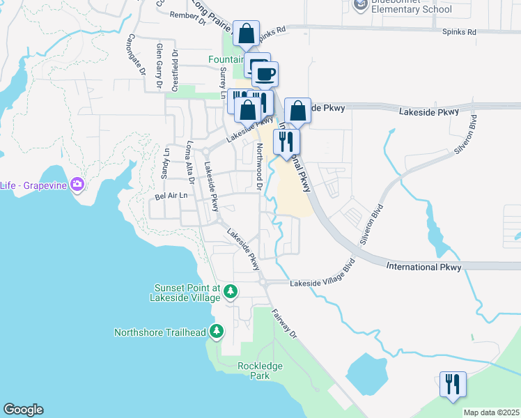 map of restaurants, bars, coffee shops, grocery stores, and more near 350 Long Prairie Road in Flower Mound