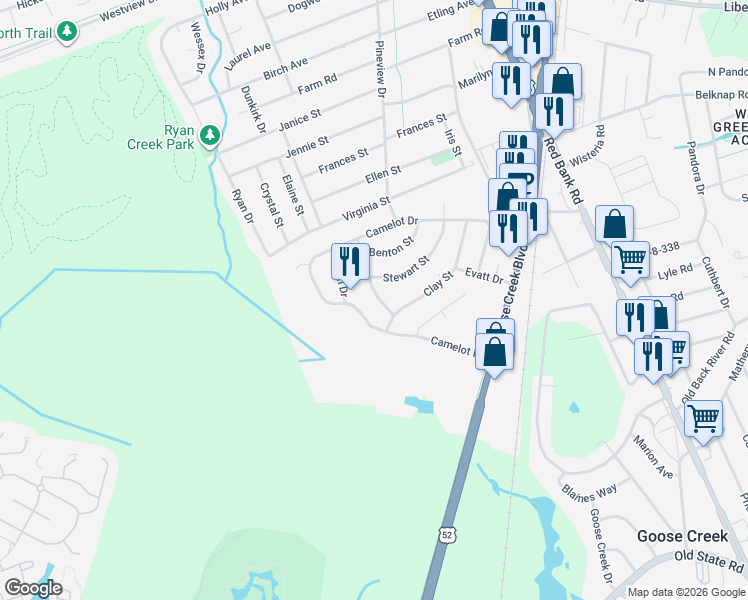 map of restaurants, bars, coffee shops, grocery stores, and more near 106 Rachel Street in Goose Creek