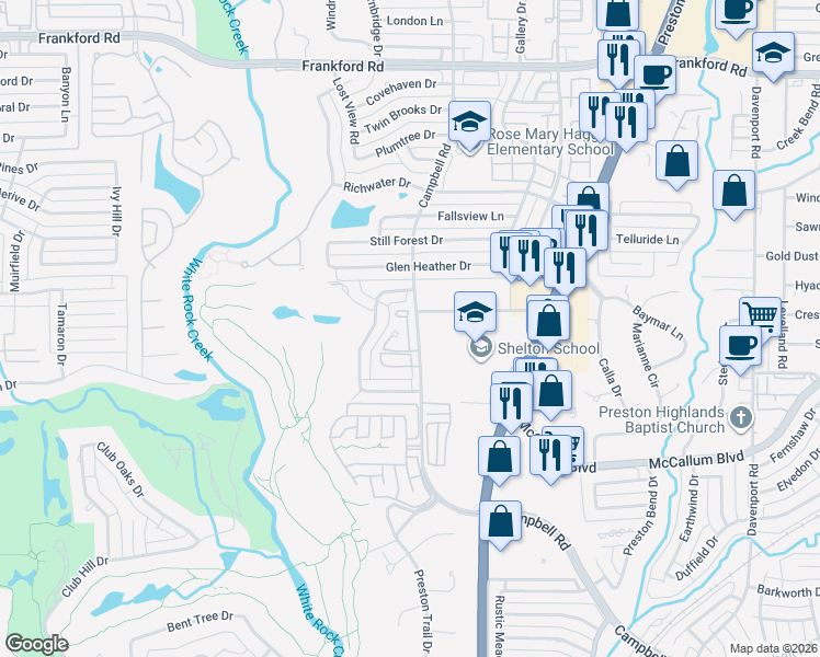 map of restaurants, bars, coffee shops, grocery stores, and more near 17352 Remington Park Place in Dallas
