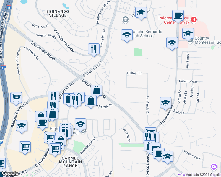 map of restaurants, bars, coffee shops, grocery stores, and more near 14955 Avenida Venusto in San Diego