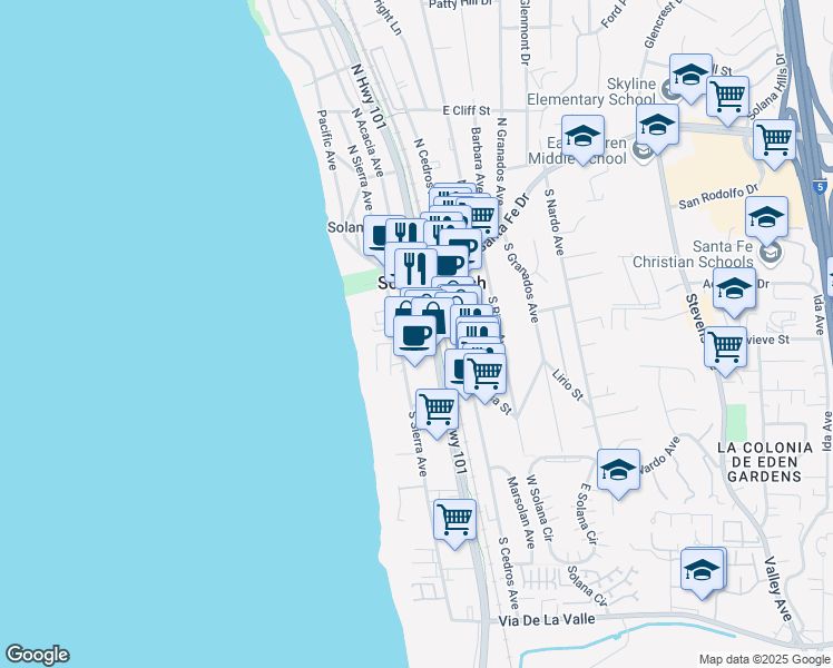 map of restaurants, bars, coffee shops, grocery stores, and more near 225 Highway 101 in Solana Beach