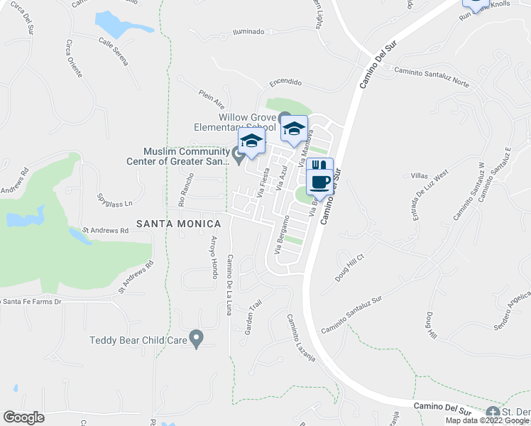 map of restaurants, bars, coffee shops, grocery stores, and more near 7582 Camino De La Rosa in San Diego