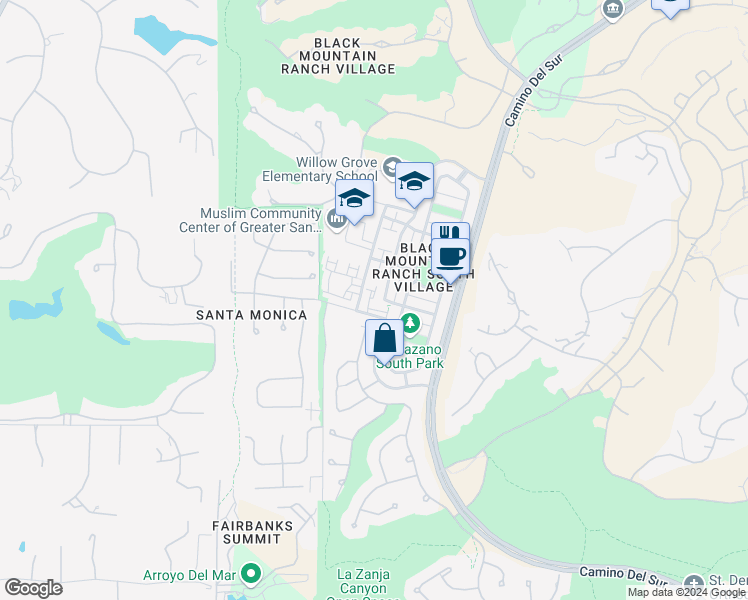 map of restaurants, bars, coffee shops, grocery stores, and more near 7554 Camino De La Rosa in San Diego