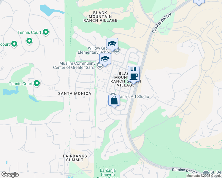 map of restaurants, bars, coffee shops, grocery stores, and more near 7554 Camino De La Rosa in San Diego