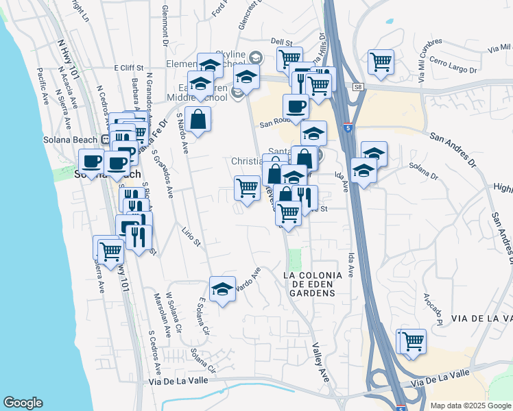 map of restaurants, bars, coffee shops, grocery stores, and more near 531 Stevens Avenue in Solana Beach