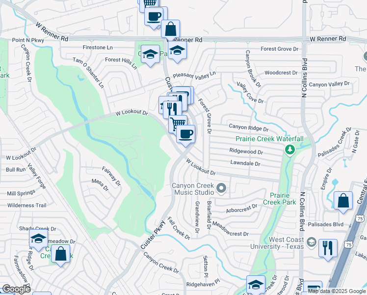 map of restaurants, bars, coffee shops, grocery stores, and more near 500 West Lookout Drive in Richardson