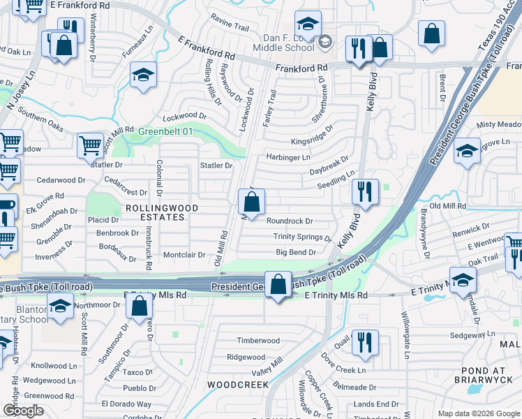 map of restaurants, bars, coffee shops, grocery stores, and more near 2210 Old Mill Road in Carrollton