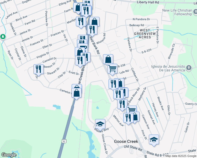 map of restaurants, bars, coffee shops, grocery stores, and more near 178 Middleton Drive in Goose Creek
